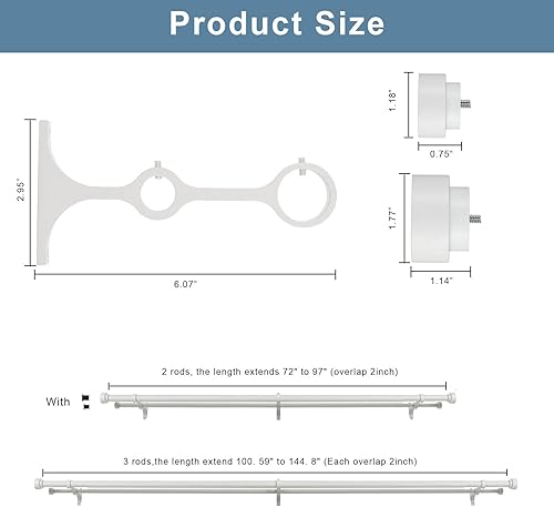 Miniatura 5 de Barras de cortina dobles resistentes con remates de tapa cilíndrica, varillas telescópicas de 72 a 144 pies, 1 pulgada frontal, parte trasera de 58