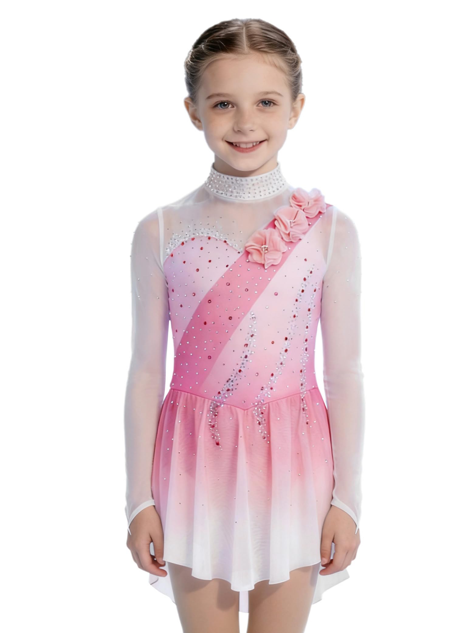 Vestito Pattinaggio Artistico Ragazza Strass Fiore Body Ginnastica Manica Lunga Leotard Balletto Danza