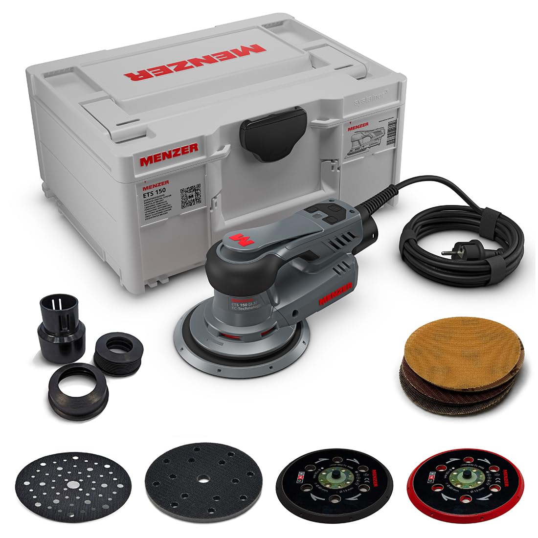 MENZER Lijadora Excéntrica ETS 150 2.5 (Trabajos de Lijado y Pulido Finos) con systainer³, 3 Platos Lijadores, Protector para el Plato Lijador, Interface Pad, Discos Abrasivos