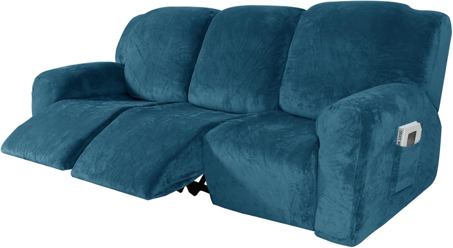 H, Velvet Recliner Covers 8-Pieces, Thicken Slip Covers for Couch 3 Seater Recliner, Anti-Slip Reclining Chair Cover with Pockets Spandex Furniture Covers, Stretch Recliner Slipcovers