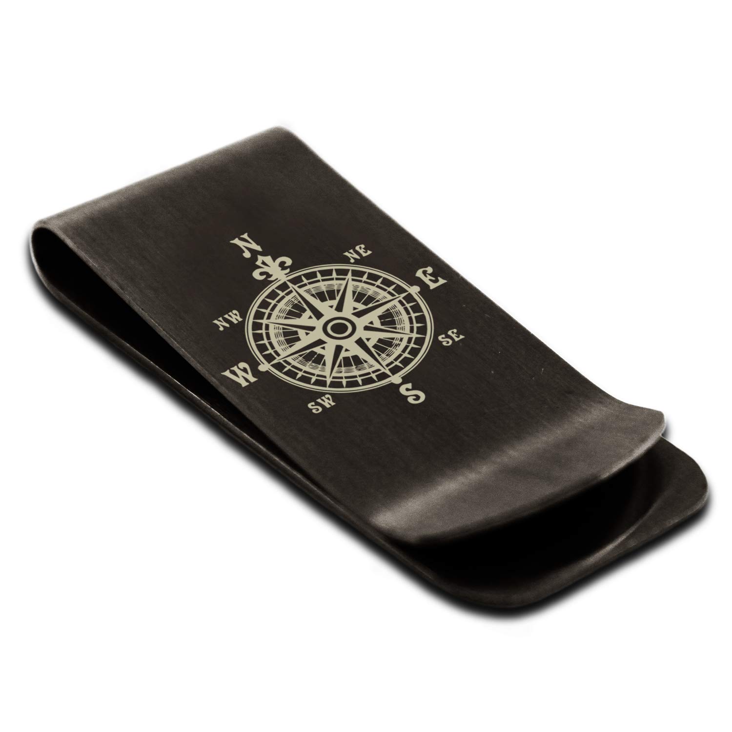 Tioneer Matte Black Stainless Steel Nautical Fleur de Lis Compass Money Clip Credit Card Holder