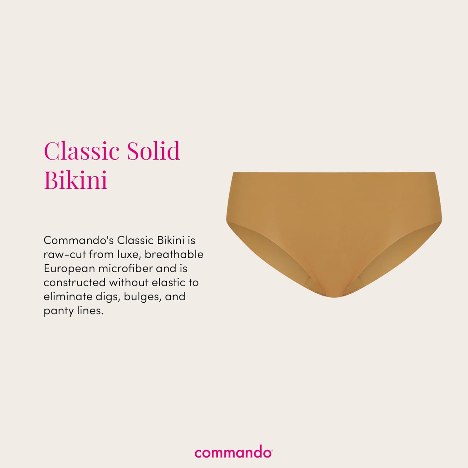 commando - Classic Solid Bikini | Soft, Breathable Fabric | No Show Style | Comfortable Raw-Cut Edges | Machine Washable | Caramel, Small-Medium