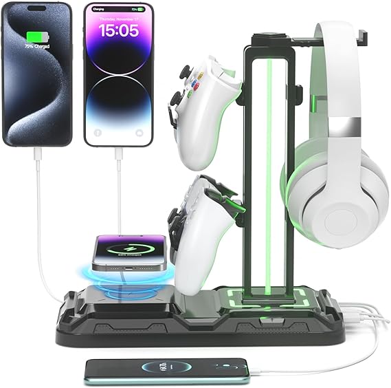 KDD RGB Headphone & Controller Stand with Wireless Charging - Rotatable Headset Stand with 9 Light Modes - Controller Holder with 2 USB and Type C Ports - for Gamers Desktop Accessories (Black)