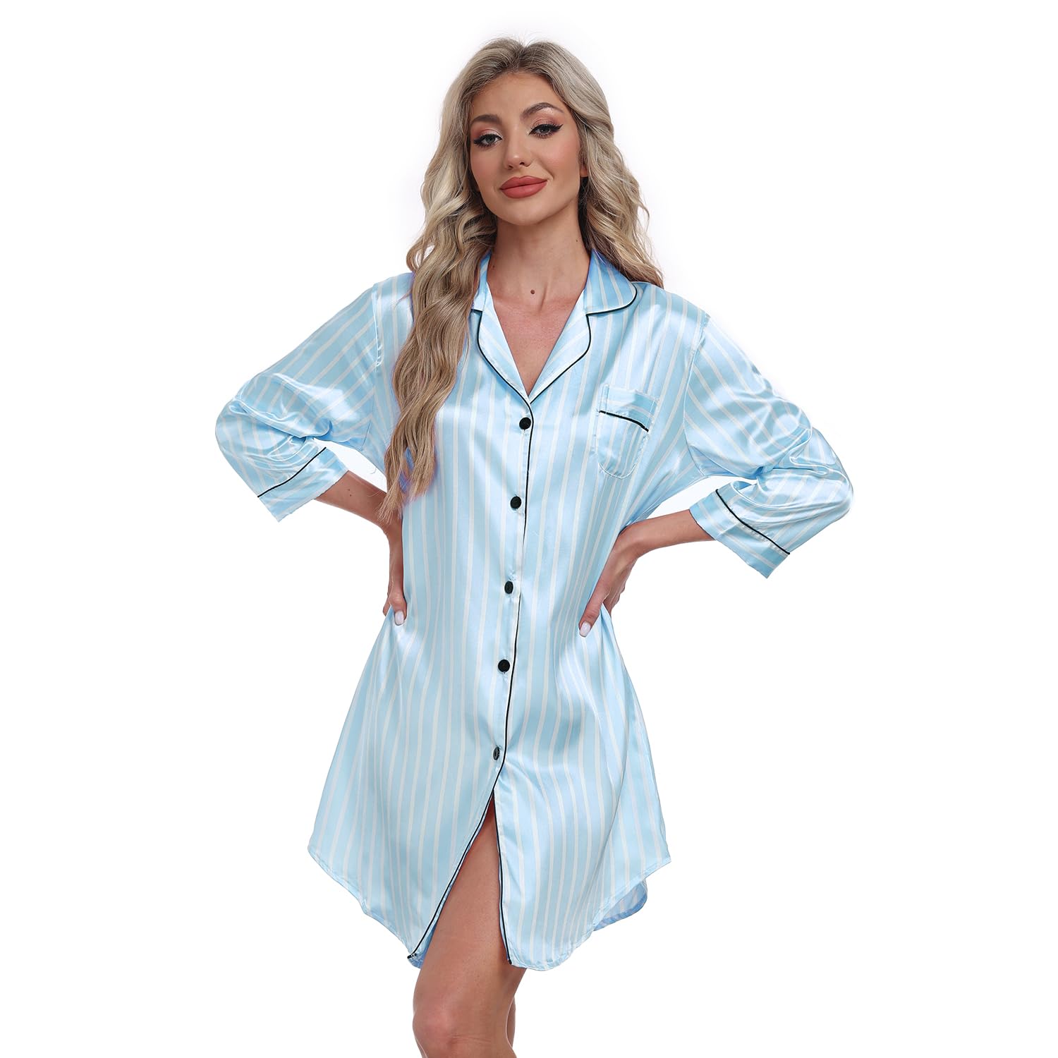 Camisón de Mujer Corto Ropa de Dormir Satén Pijama Camisones de Manga 3/4 Sexy Cuello en V con Botones Verano S-XXL