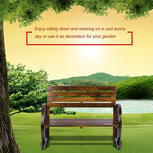 Homgrace Patio Garden Wooden Wagon Wheel Bench, Rustic Wood Design Outdoor Wagon Wheel Bench Outdoor Furniture Decor (Tan Color)
