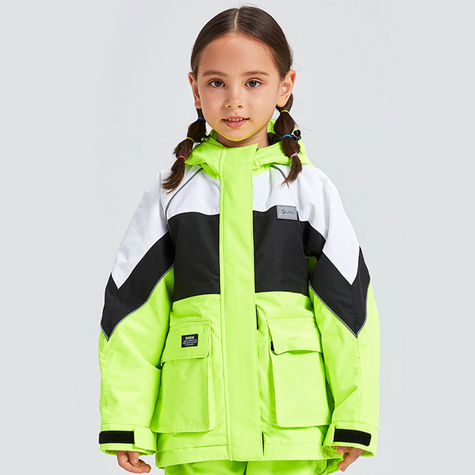 Traje de nieve infantil de 2 piezas, chaqueta de esquí + pantalones de esquí, impermeable, cortavientos, transpirable, con capucha, para niños y niñas, traje de esquí de invierno, verde neón