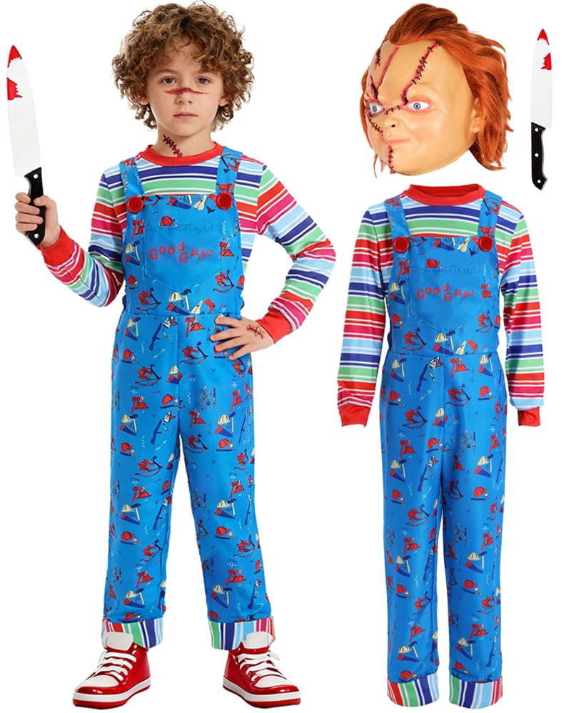 Creepy Doll Costume for Kids Horror Killer Shirt Jumpsuit Mask Halloween Cosplay Outfit for Boys Girls 3-10 Years
