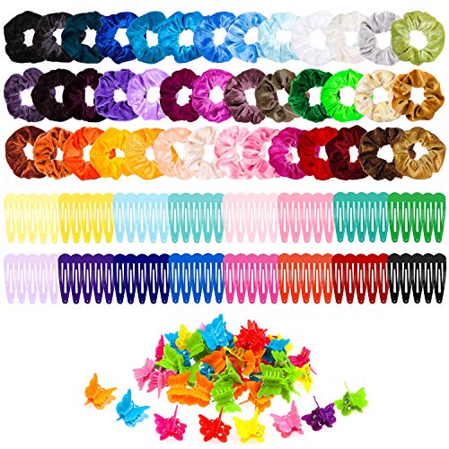 160 Pcs Velvet Hair Scrunchies Hair Snap Clips Set 30Pcs Velvet Hair Scrunchies 80Pcs Candy Color Snap Clips 50Pcs Mini Butterfly Claw Clips Hair Barrettes Hair Accessories for Women Lady