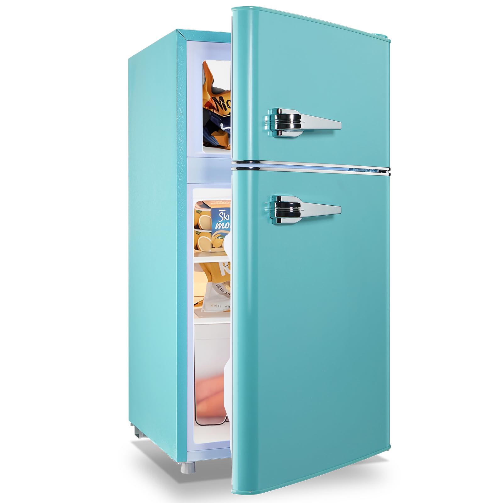 Small Fridge with Freezer Mini Refrigerator Double door Removable Glass Shelves 7 Temp Gear Detachable Handle Blue