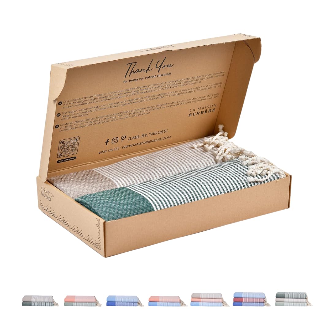 Saunahandtuch Strandtuch Fouta XXL [2er Set] Ideal als Hamamtuch Saunatuch Stranddecke für Damen & Herren - Groß 100x200-100% Baumwolle in Creme & Dunkelgrün
