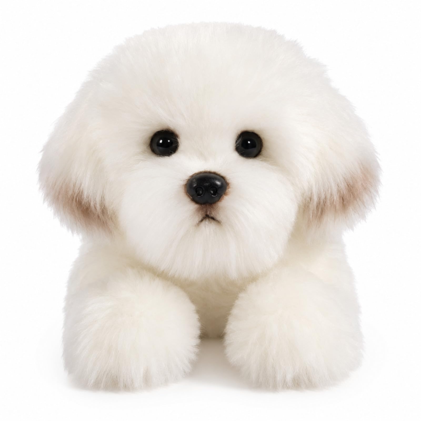 Liegender Malteser Hund Plüschtier, Realistisches Stofftier mit dekorativer Schleife und langem Kunstfell, 38 cm, Lebensechter Kuschelhund für Heimdekoration und als Geschenk
