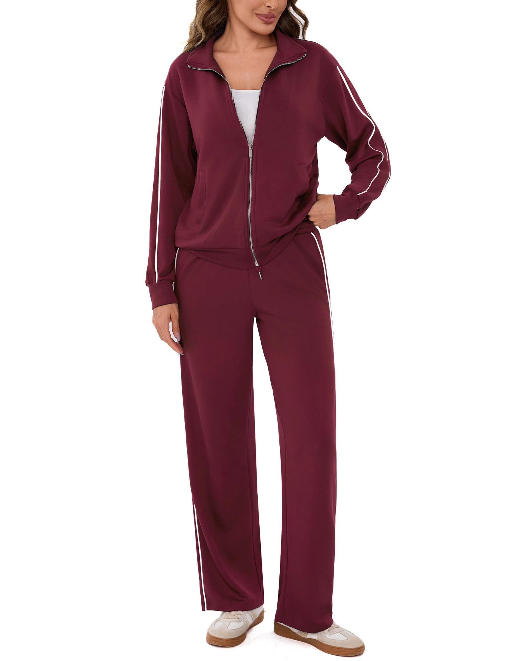 Terecey Damski dres do joggingu, streatwear, nowoczesny, elegancki dres sportowy, strój rekreacyjny, z długim rękawem, kurtka z zamkiem błyskawicznym i szerokimi nogawkami, spodnie sportowe ze