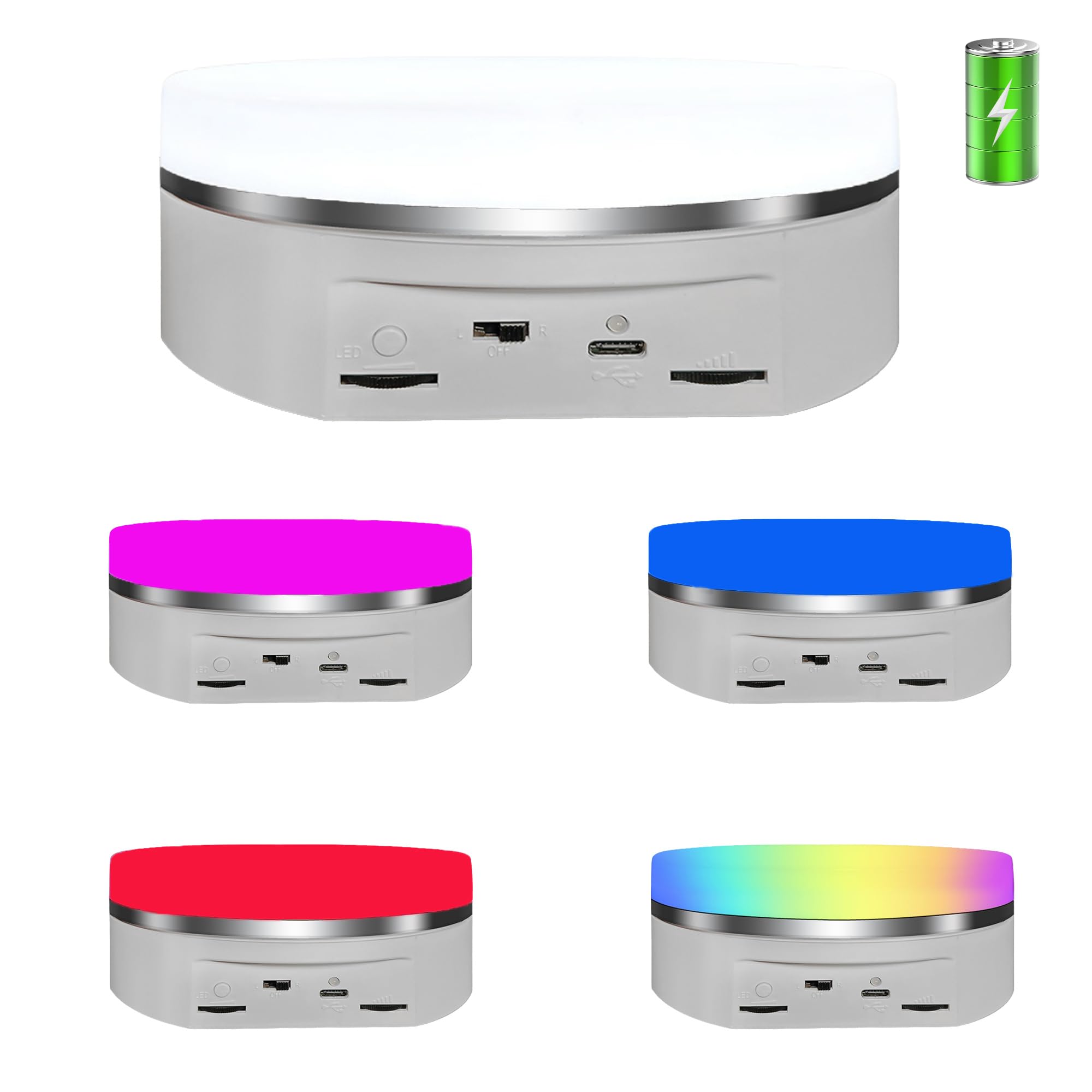 JAYEGT Variety Colors Full Panel LED Luminous Rotating Display Stand , 11 Lbs Load, 360 Degree Photography Turntable for Glass Crystal , Jewelry (6.3inch / 5Color LED Light / White/Rechargeabl)