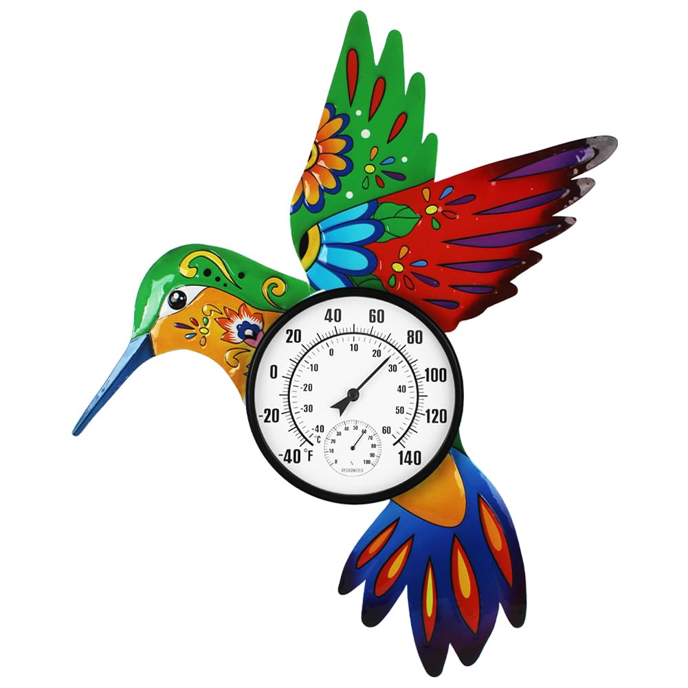 Termometro a forma di colibrì per interni ed esterni, con umidità, senza batteria, facile da leggere, grande numero, 55,9 cm, decorativo per patio, cortile, giardino, soggiorno