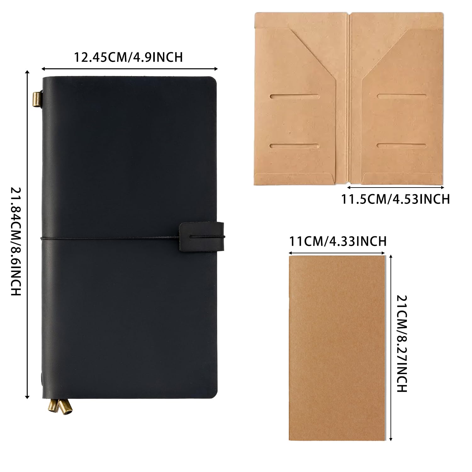 Ox Knight Carnet de voyage en cuir, 21,8 x 11,6 cm, rechargeable style vintage, journal de voyage en cuir fait à la main avec dossier kraft et 3 inserts (noir)