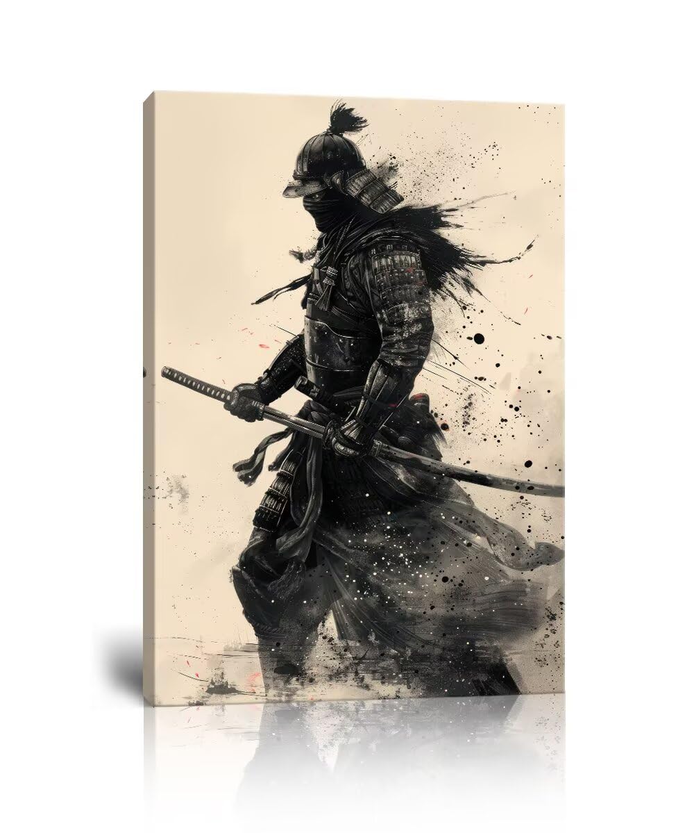 Japanese Samurai Wall Art Black White Warrior Wall Art Prints Vintage Japanese Cultural Samurai Pictures Canvas Painting Framed for Living Room Bathroom Bedroom Office Home(24''W x 36''H)