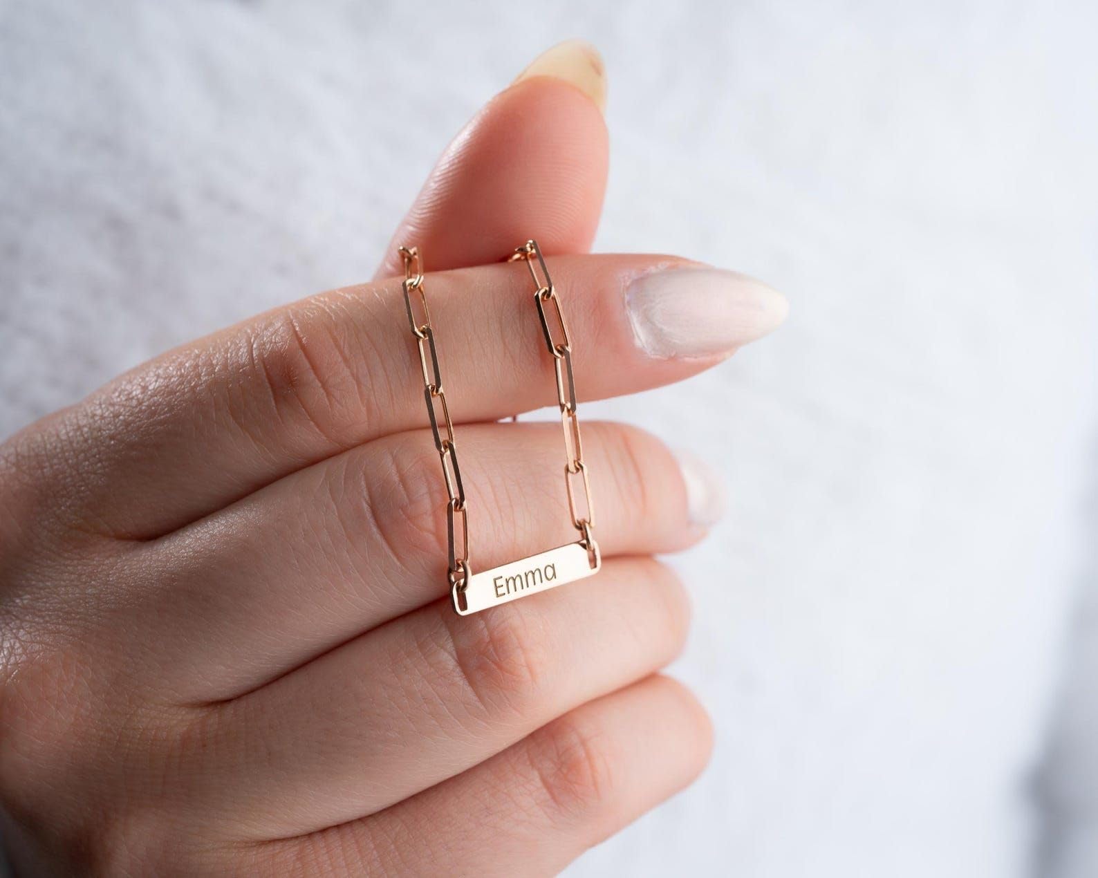 Delicado oro cadena de eslabones, para mujeres Día de la Madre Idea nombre barra grabado joya