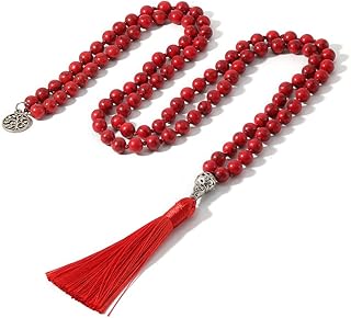 Hovaete 108 Mala Prayer Beads Necklace Natural Stones Meditation Yoga Jewery 108 Hand Knotted Japa Mala Beaded Long Tassel Necklace with Tree of Life Pendant for Men and Women (8mm red turquoise)