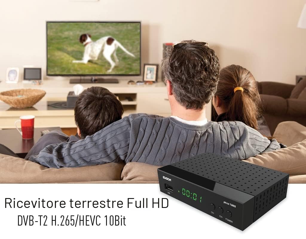 EDISION PICCO T265 Decoder Digitale Terrestre 2024 Full HD DVBT2 H265 HEVC 10 Bit Bonus TV, FTA, USB, HDMI, SCART, Sensore IR, Supporto USB WiFi, Telecomando Universale 2in1, Main 10