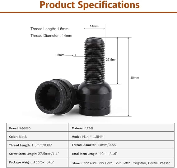 Keenso Wheel Bolts, Locking Wheel Nut Set 4Pcs M14*1.5MM Steel Lock Lug Nut Set With Key (Black)