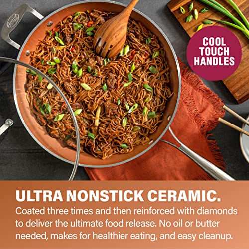 Gotham Steel Hammered Copper 14 Inch Non Stick Frying Pan with Lid, Nonstick Frying Pan with Ceramic Coating and Induction Plate for Even Heating, Oven / Dishwasher Safe, 100% Healthy & Non Toxic