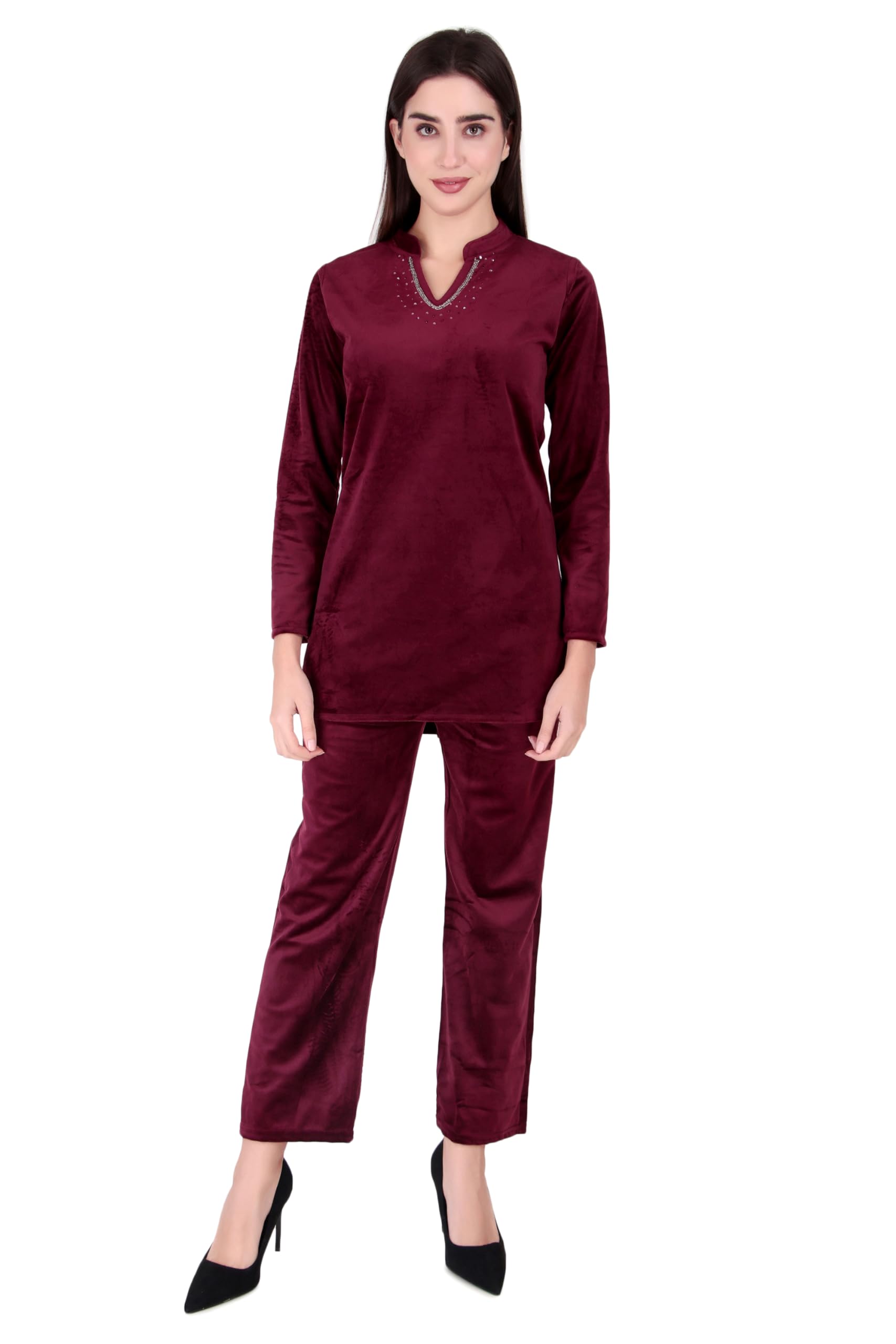 Women’s Winter Wear Velvet Embellished V-Neck Co-Ord Set