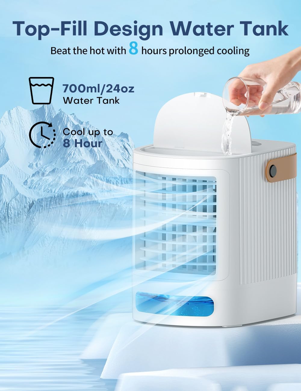 Mini Air Conditioner, Personal Air Cooler w/ 7-Color Night Light, 3-Level Humidify, 3 Speeds,USB Powered Evaporative Air Cooler, Small Desktop Air Conditioner Portable for Room Bedroom Office