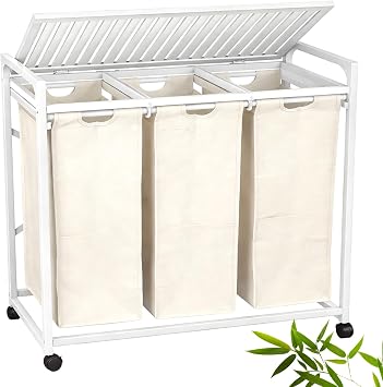 Bamboo Laundry Hamper 3 Section with Lid, 150L Laundry Sorter with Lockable Wheels, Pull-Out Removable Washable Bags, 3 12.5 Gal Divided Laundry Baskets for Laundry Room, Bathroom White
