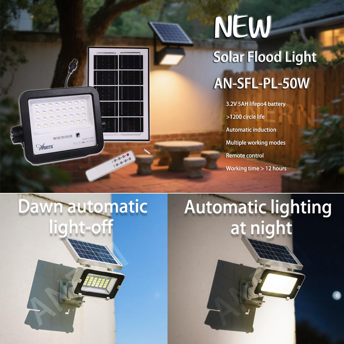 Anern 6500K 50 W Zewnętrzny reflektor solarny 700 lm z pilotem zdalnego sterowania, 5000 mAh, 32 diody LED, zewnętrzna lampa solarna, IP65, wodoodporne oświetlenie słoneczne do ogrodu, garażu, zniżki