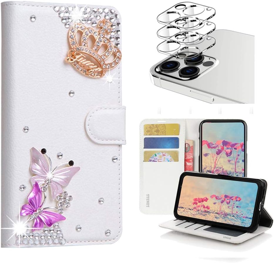 STENES Bling Wallet Phone Case Compatible with iPhone 12 Pro Max Case - Stylish - 3D Handmade Butterfly Mermaid Design Leather Cover with Camera Lens Protector [3 Pack] - Light Blue