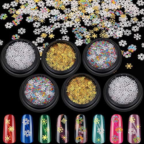 6 Boxes 3D Snowflake Sequins Gold Metal Studs Christmas Nail Flakes Christmas Snowflakes Glitter Nail Sequins 3D Nail Art Snowflakes Confetti Sequins for Nail Art Design Decoration, Multi Color