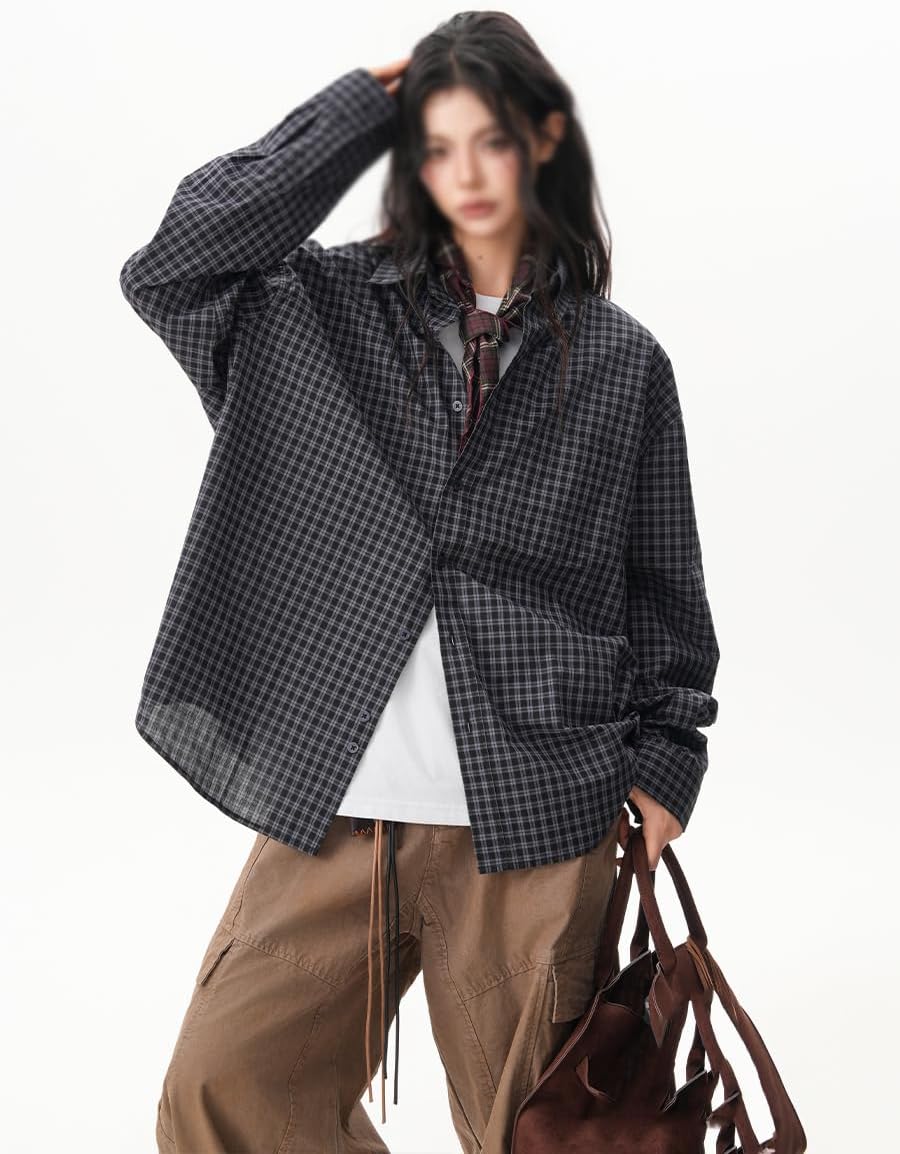 Women's Plaid Long Sleeve Shirt Unisex Commuting Shirts for Women