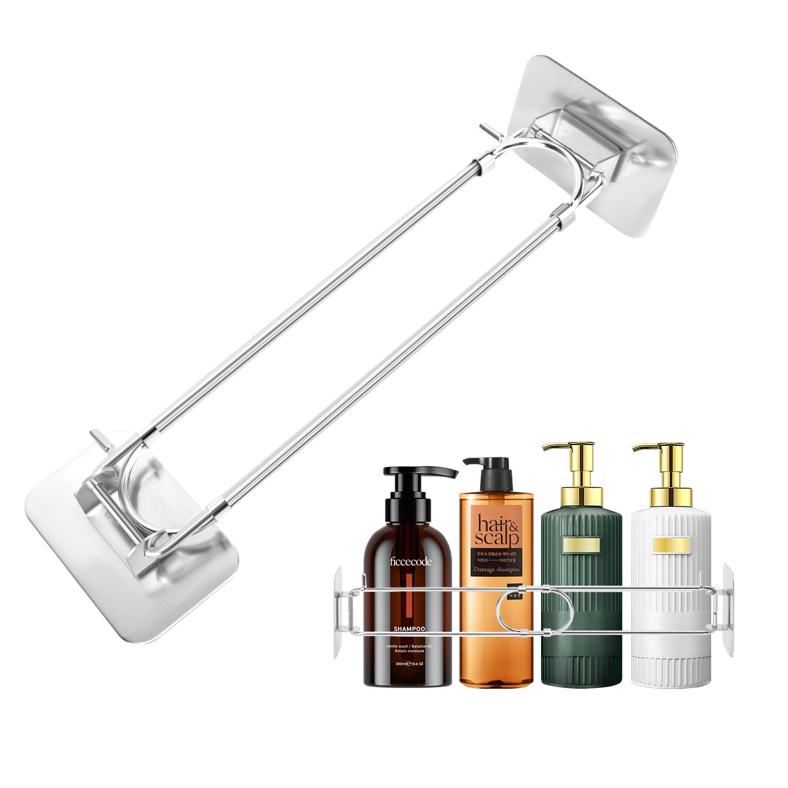 RV Shower Corner Storage Bar, Adjustable Camper Shower Shelf Retainer for Shampoo &amp; Soap Bottles, Stainless Steel RV Bathroom Organizer, Travel Trailer Shower Accessories, Adhesive Install, 2 Pack