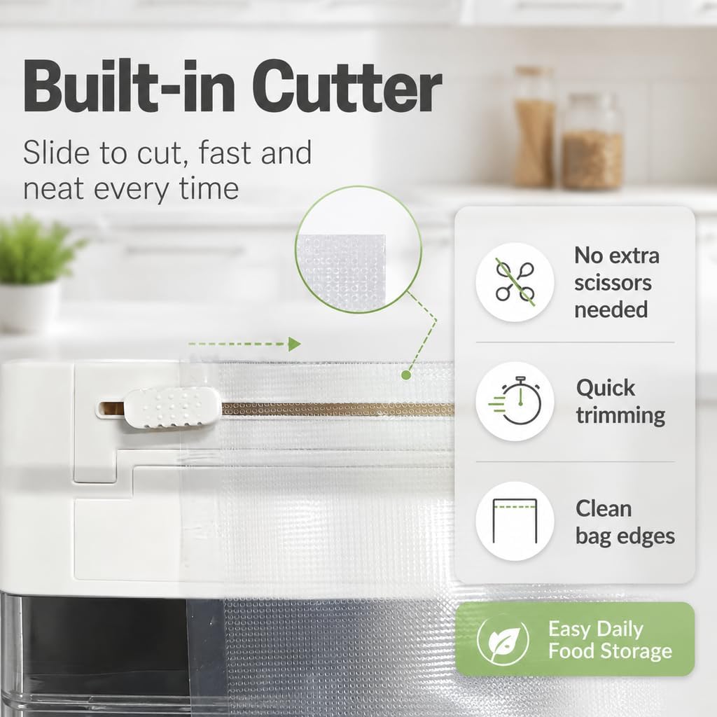 Food Vacuum Sealer Machine, 75kPa Food Sealer Vacuum Sealer | Vac Seal, Dry Moist Pulse Mode, Compact, Built-in Cutter, Automatic, External Vacuum System, Ideal for Home Kitchen Use