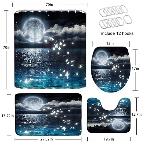 Miniatura 2 de Juego de 4 cortinas de ducha de luna azul con alfombras, cubierta para tapa de inodoro, luna llena sobre océano, mariposa mística, cielo nocturno