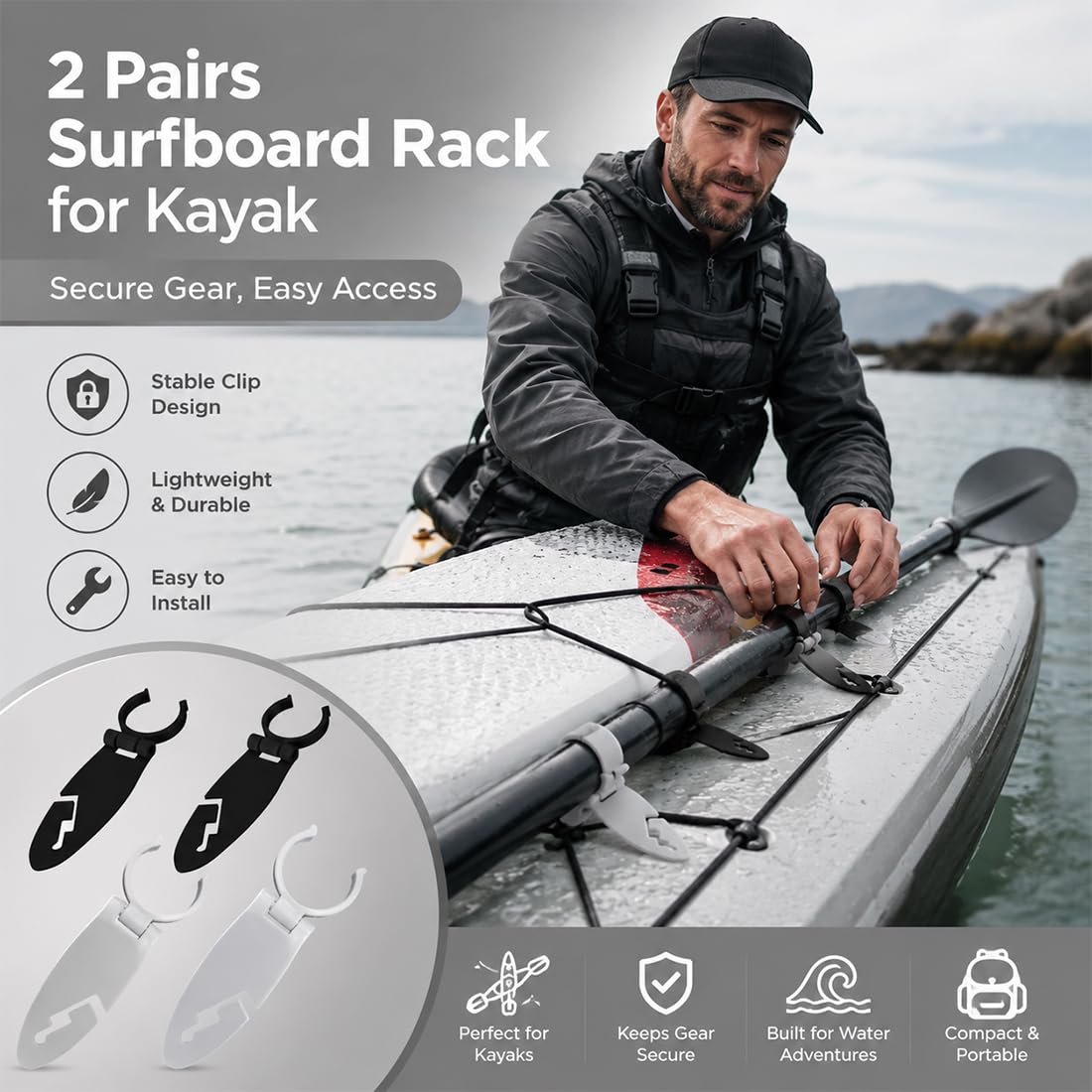 EBHO 2 Paia Clip fissaggio per tavola da paddle, morsetto di fissaggio espandibile, sicuro della tavola, fibbia bloccaggio per sport acquatici, accessorio installazione rapida