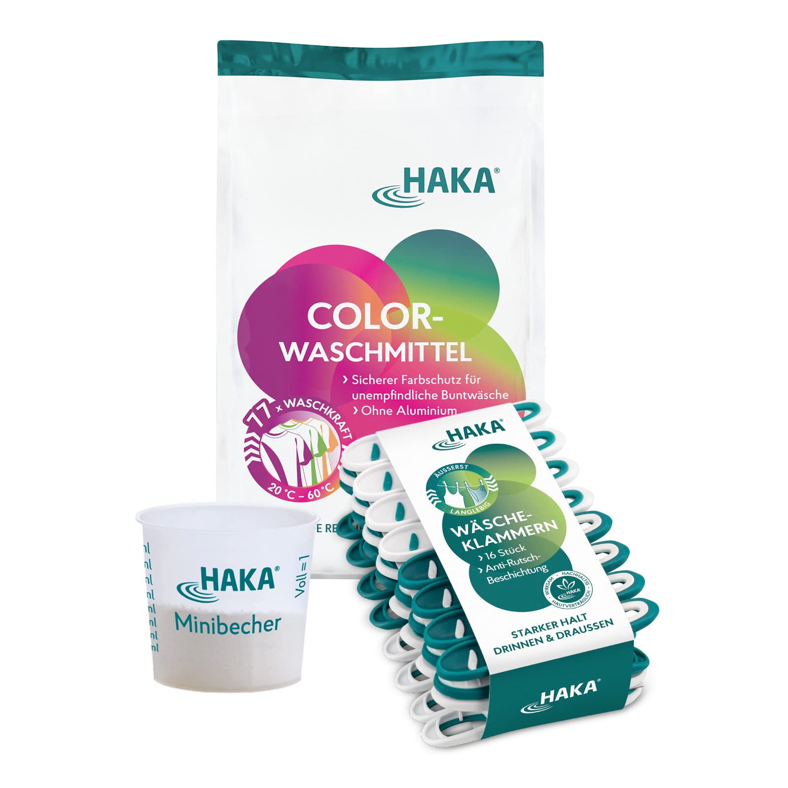 HAKA Wasch-Set 3kg Waschpulver Color 77WL, Klammern & Dosierbecher