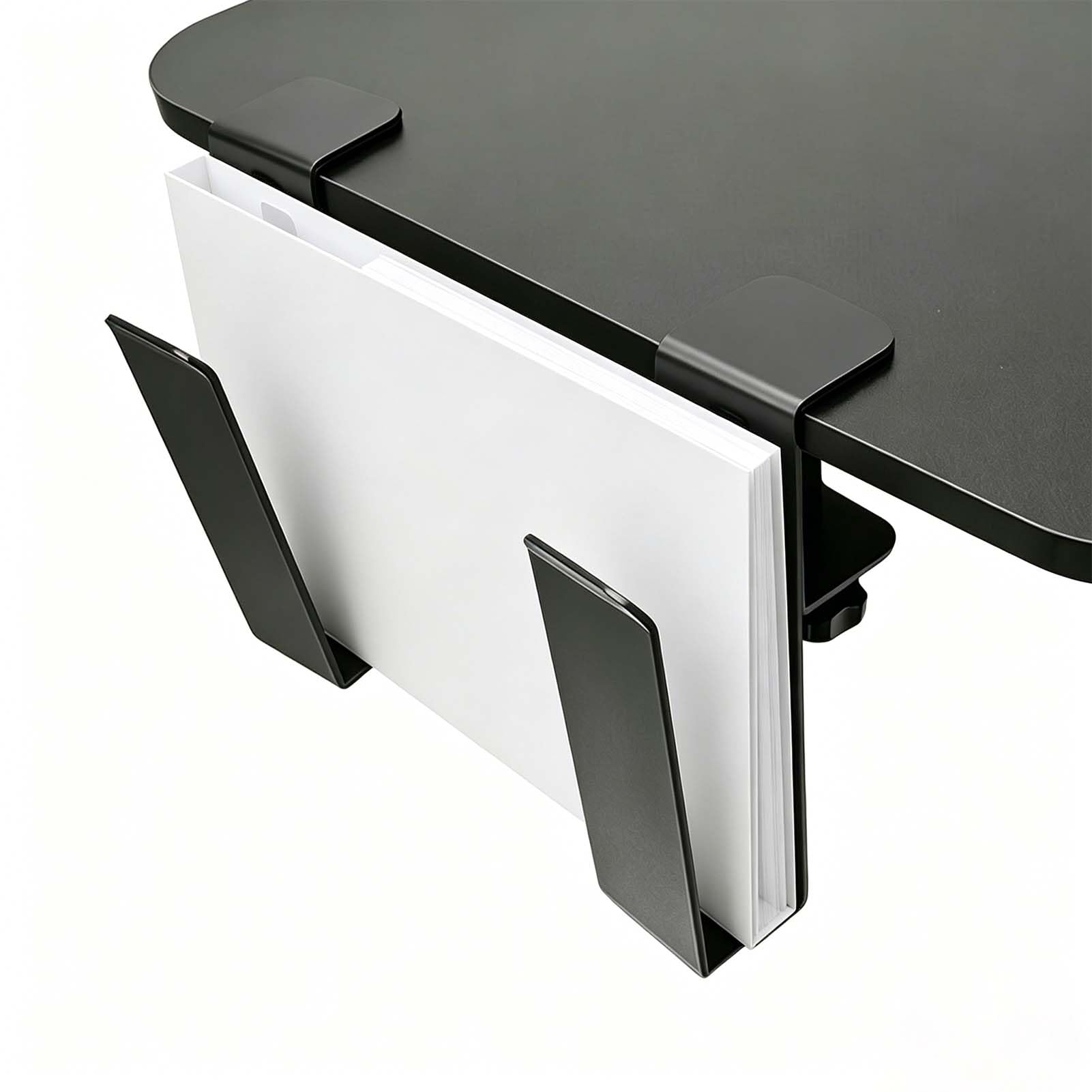 Wovella Adjustable Under Desk Laptop Stand, Metal Hanging Undershelf Clamp, No Drilling Laptop Organizer for Office and Home, Steel Hanging Storage Tray, Black