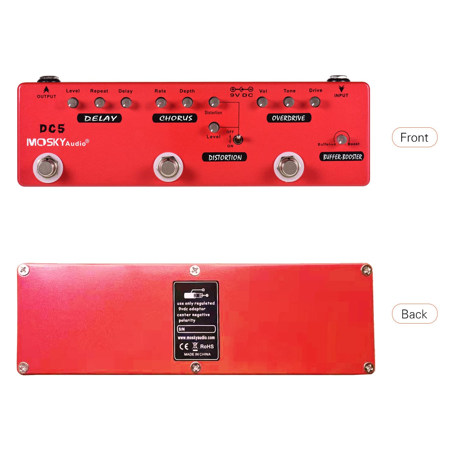 Pedał z wieloma efektami gitarowymi, DC5 6 w 1, opóźnienie pedału gitarowego + + zniekształcenia + Overdrive + Booster + bufor w pełni metalowa powłoka z True Bypass