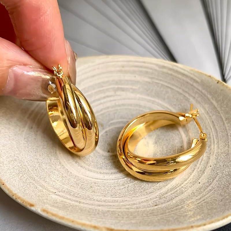 Hoop Earrings for Women No Tarnish - Dainty Earrings Trendy 14K Gold Plated Hypoallergenic Lightweight Chunky Double Twisted Hoops Earring for Women Gold Jewelry Gift