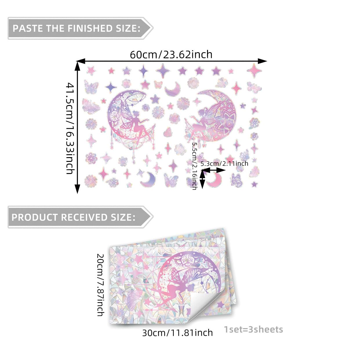 Pegatinas de Apegado Estático de Hada en Dibujos Animados Rosa Luna y Estrella Pegatinas Eléctricas para Ventanas Eliminables para Dormitorios y Salones de Niñas
