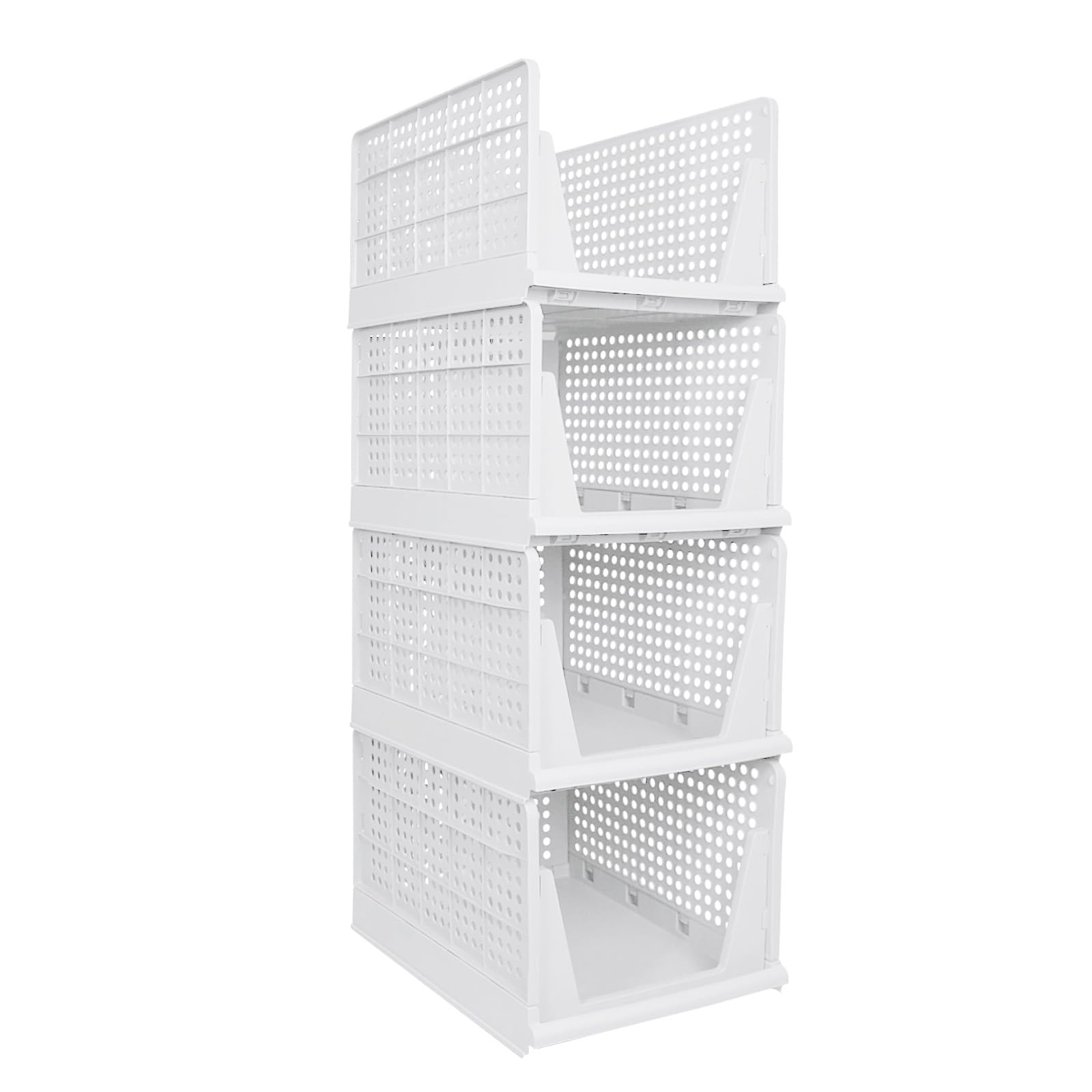 Rangement Vetement,Design perforé avec compartiments coulissants, Organisateur Armoire empilables Boite Rangement pour chambre/cuisine/salle de bain,33,5 x 43 x 96 cm,4 niveaux (25 cm) Blanc