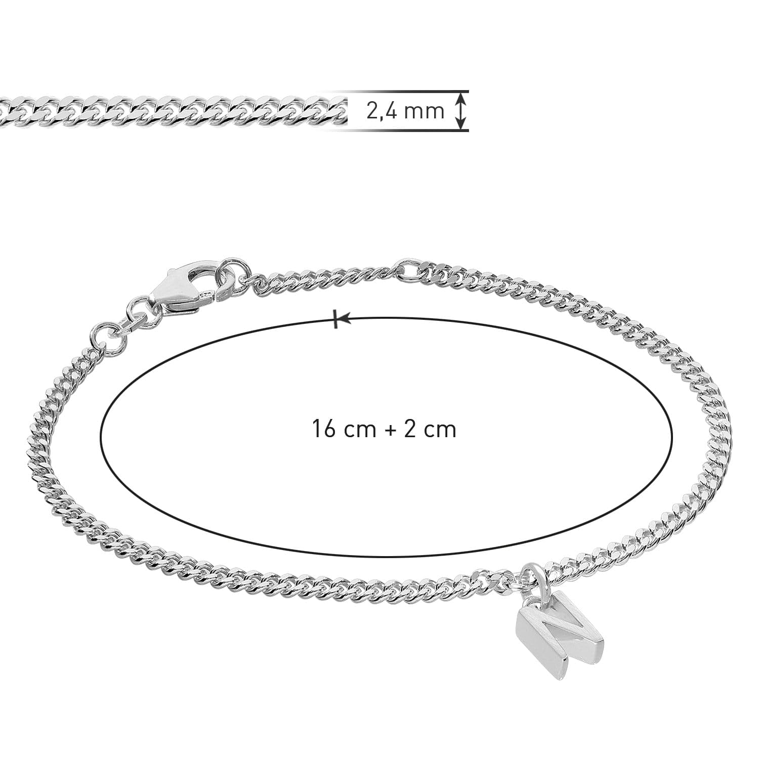 trendor Bracciale da ragazza con lettera N, argento 925, rodiato, 21590-N | Bracciale a maglia piatta con taglio a diamante, elegante bracciale per giovani donne,