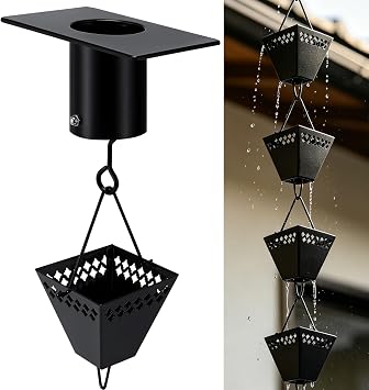 Square Rain Chains for Gutters Outside Black Powder Coated Downspouts Rain Catcher Diverter Metal Outdoor Decorative, 8.5 FT, w/V Gutter Clip for Rain Chains