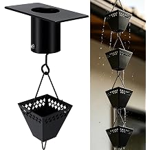 Square Rain Chains for Gutters Outside Black Powder Coated Downspouts Rain Catcher Diverter Metal Outdoor Decorative, 8.5 FT, w/V Gutter Clip for Rain Chains