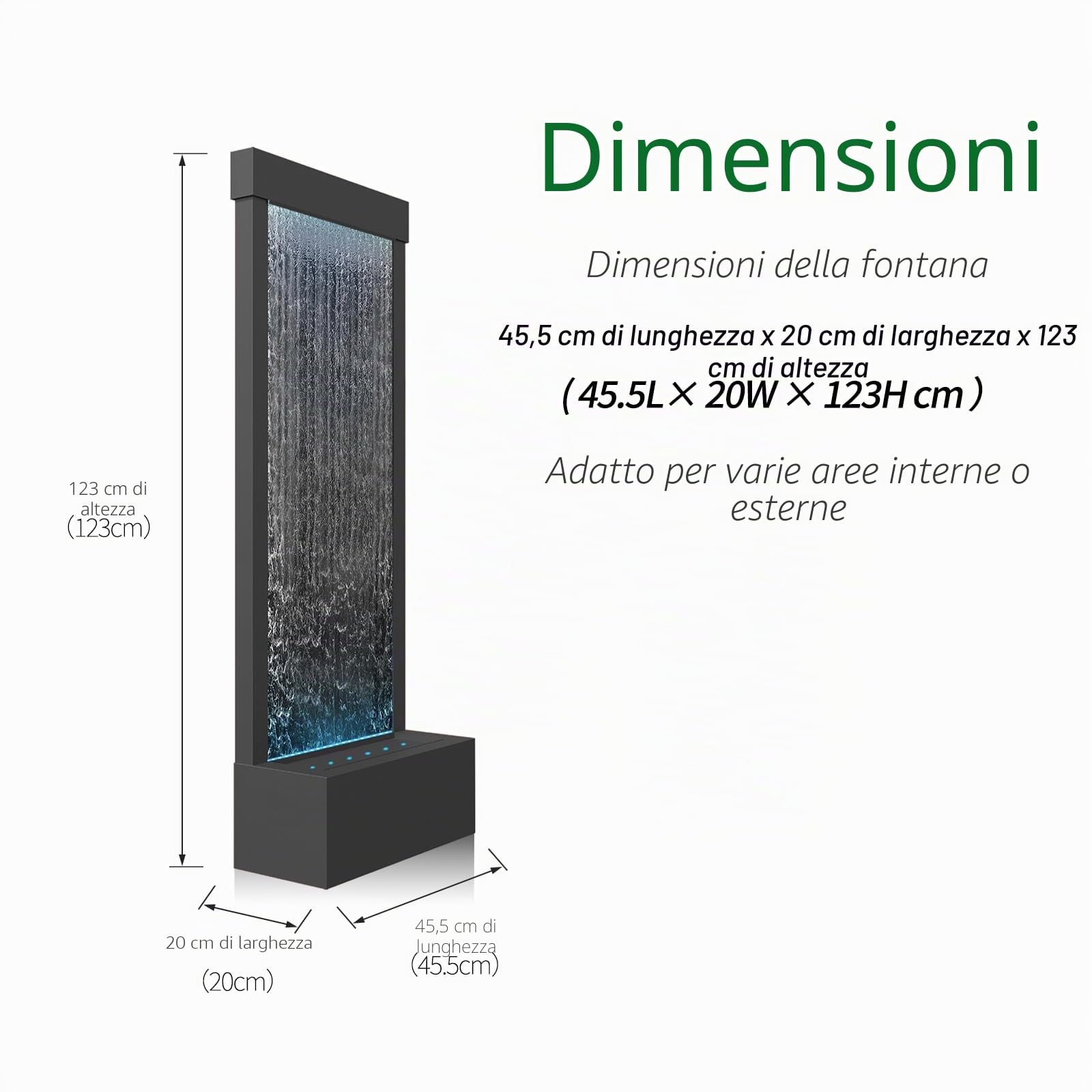 LONGRUN Fontana a cascata a specchio da interno con luce a LED controllata app, pavimento da giardino esterno in piedi, da 48 "Acqua di arredamento per la casa Caratteristica -Nero