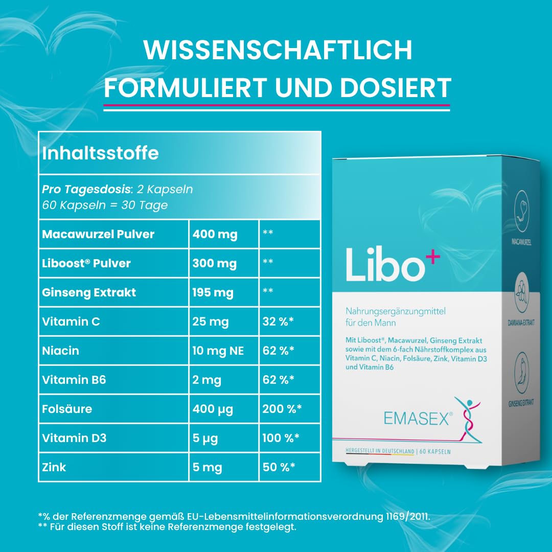 EMASEX Libo+ – hochdosiertes Männermittel zur Unterstützung von Testosteron, Energie & Leistungsfähigkeit mit Liboost, Maca, Ginseng sowie Zink, Vitamin C, B6, D3, Niacin & Folsäure