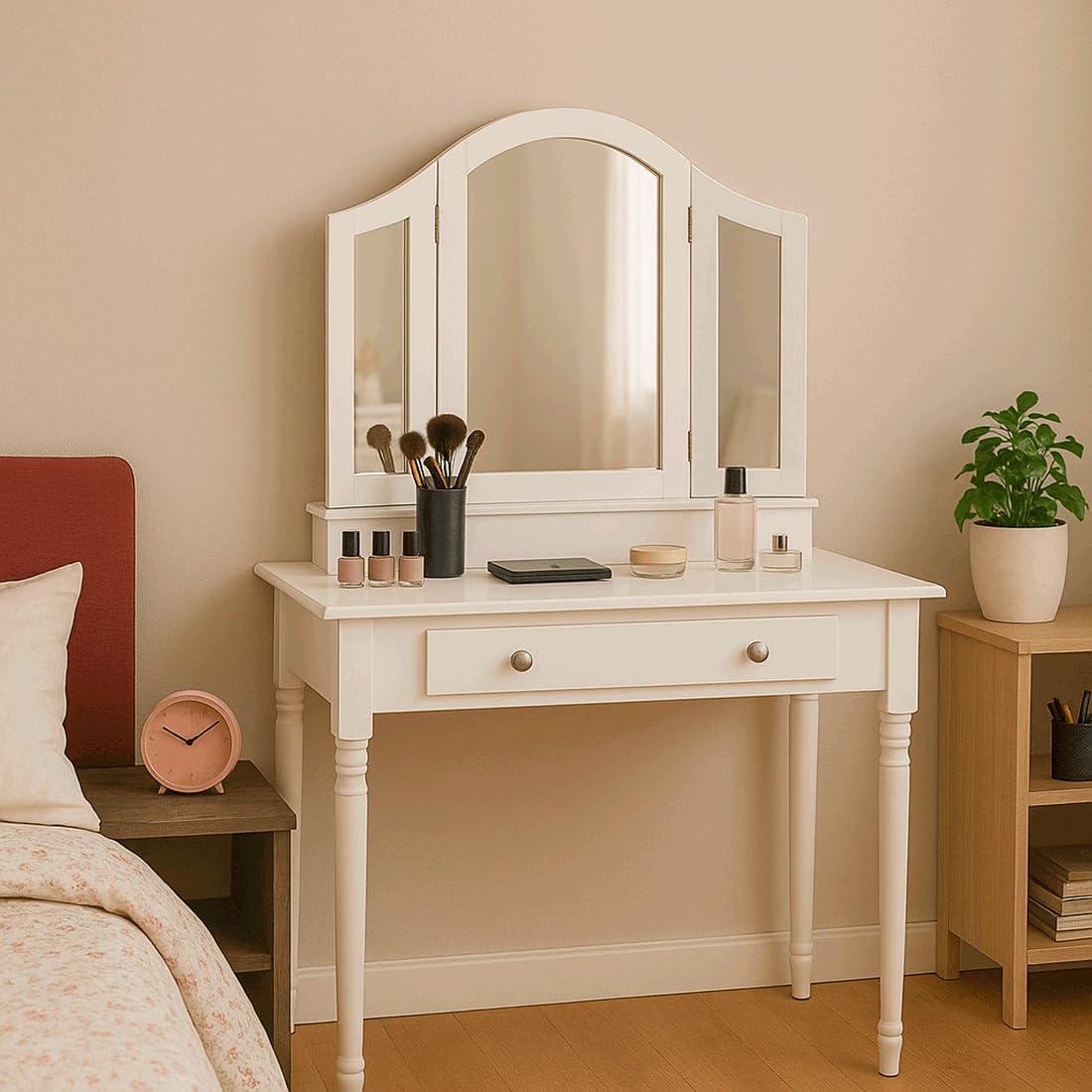 Acomoda Textil – Tocador de Madera con Espejo. Mesa de Maquillaje Blanca con Cajón Amplio y Diseño Elegante para Dormitorio. Mueble Funcional, Resistente y Versátil. (82x36x138 cm)