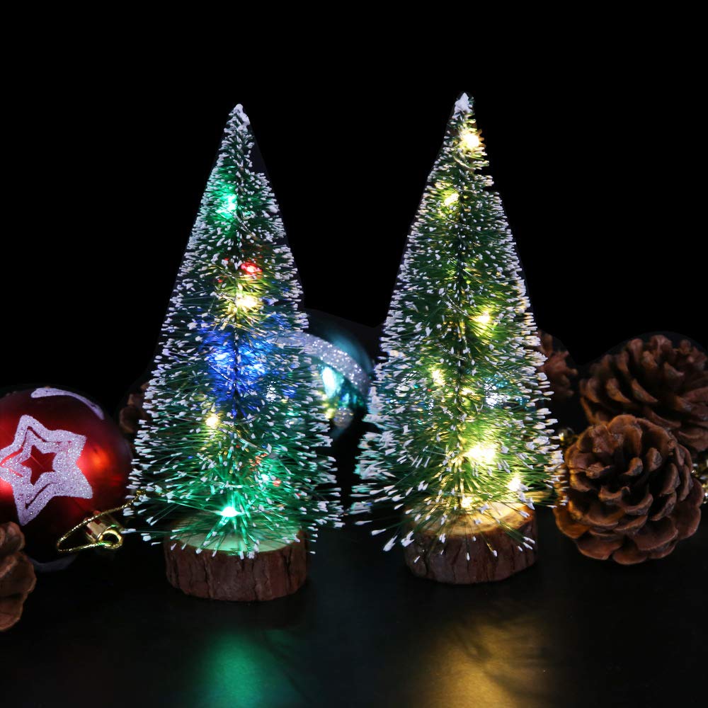 Lot de 2 mini sapins de Noël artificiels avec guirlande lumineuse LED - Décoration de table - Base en bois - Petit sapin pour la maison, le bureau, les vacances d'hiver