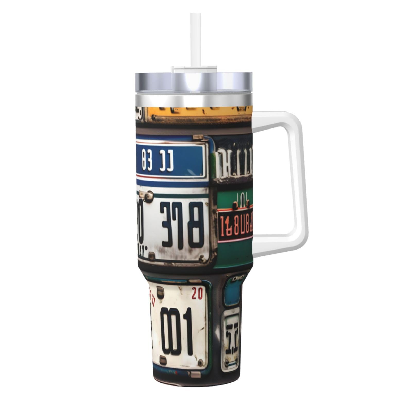 Trinkflasche mit altem Nummernschild, Edelstahl, doppelwandig, isoliert, mit Griff und Strohhalm-Deckel, 1,2 l